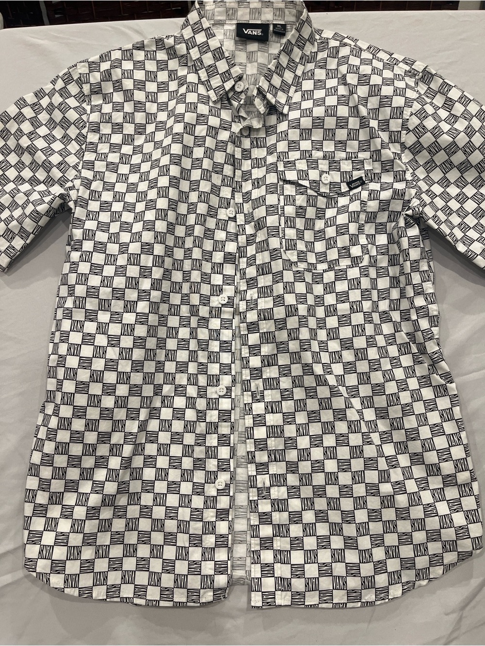 Vans White and Black Checkerboard Short-Sleeve Button-Up Shirt